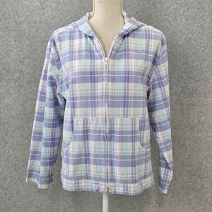 Erika & Co Womens Medium Pastel Plaid Cotton Zip Front Hooded Jacket Pockets